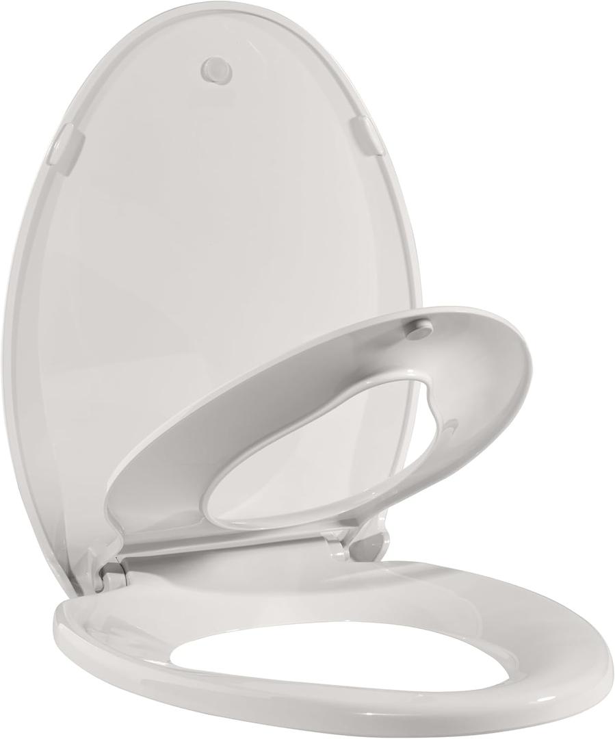 Elongated Toilet Seat, 19" Toilet Seat with Built-In Potty Training Seat for Toddlers, Quiet Close Hinges, Safe PP Material, Easy Install for Family Bathrooms, Biscuit