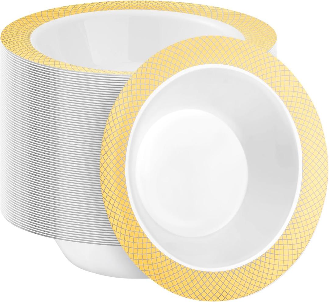 100 Pack Plastic Bowls with Gold Rim, 12oz Disposable Soup Bowls, Heavy Duty Plastic Salad Bowls for Parties, Weddings, and Everyday Use