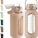 Glass Water Bottle with Straw and Handle Lid Half Gallon Motivational Glass Bottle with Silicone Sleeve and Time Marker Large Reusable Sports Water Jug for Gym Home Workout (52 Ounces, Amber)