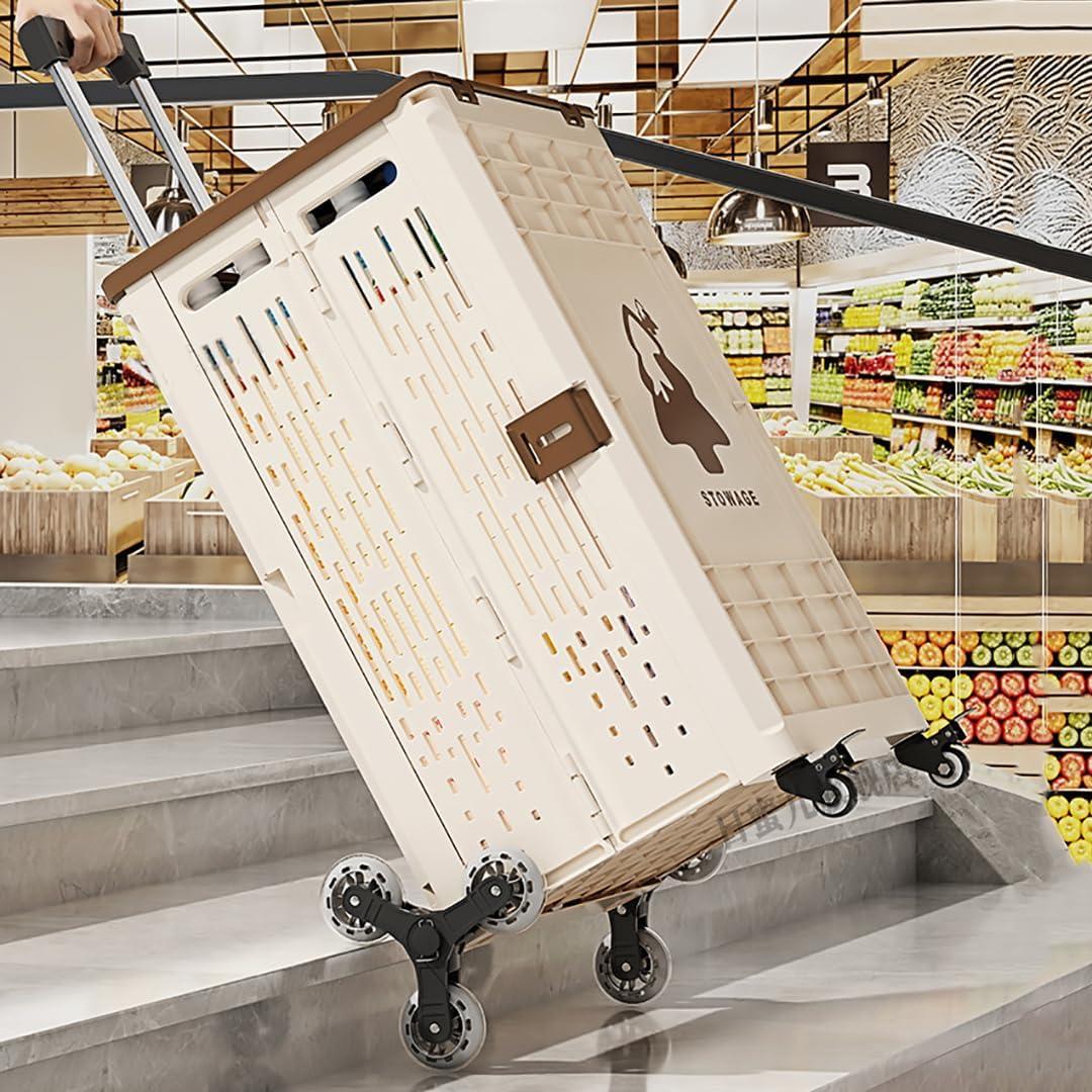Folding Stairs Climbing Shopping Cart，Utility Handcart Portable Rolling Dolly， Collapsible Tool Trolley with Lid, for Grocery, Shopping, Office, Teacher, Camp，Extra Storage 63L
