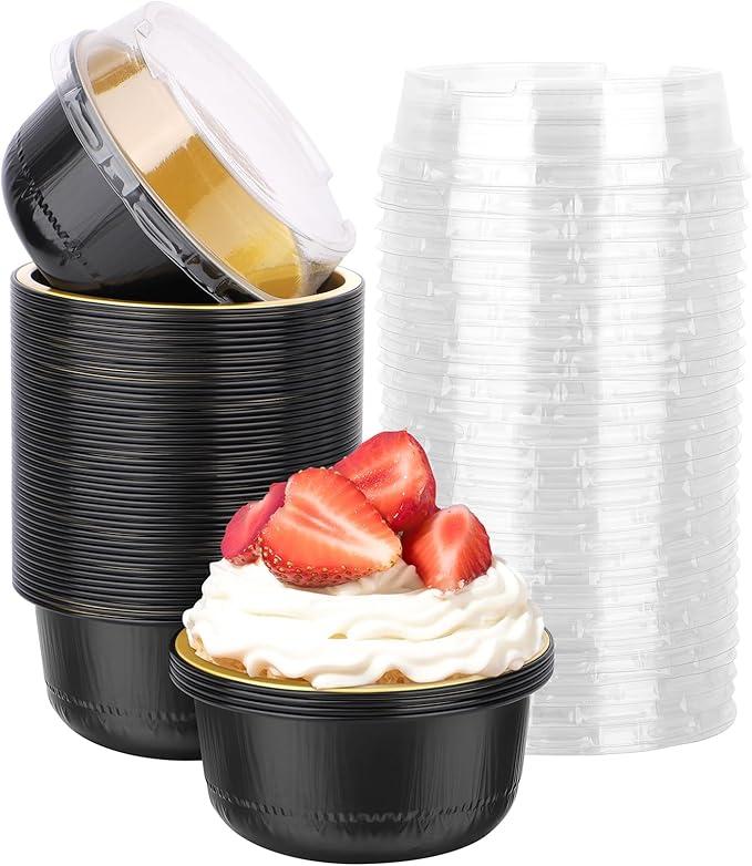 Beasea Aluminum Foil Ramekin Cups With Lids, 50 Pack 6.1oz 180ml Mini Disposable Foil Ramekins Aluminum Round Oven Baking Cupcake Cups for Party - Black Gold
