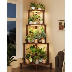 Bamworld Corner Plant Stand with Grow Lights 4-Tier Plant Stand Indoor Wood Plant Stand with Grow Light Tall Shelves Garden Decor for Living Room Balcony