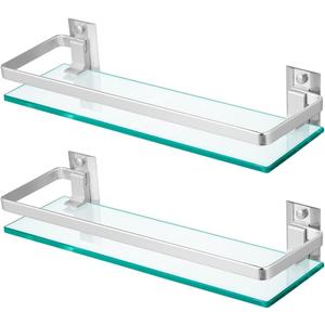 2-Pack Tempered Glass Bathroom Shelf with Rail, 15" x 4.5" Rectangular Shower Caddy, Wall Mounted Floating Shampoo Holder for Lavatory, Kitchen, Living Room