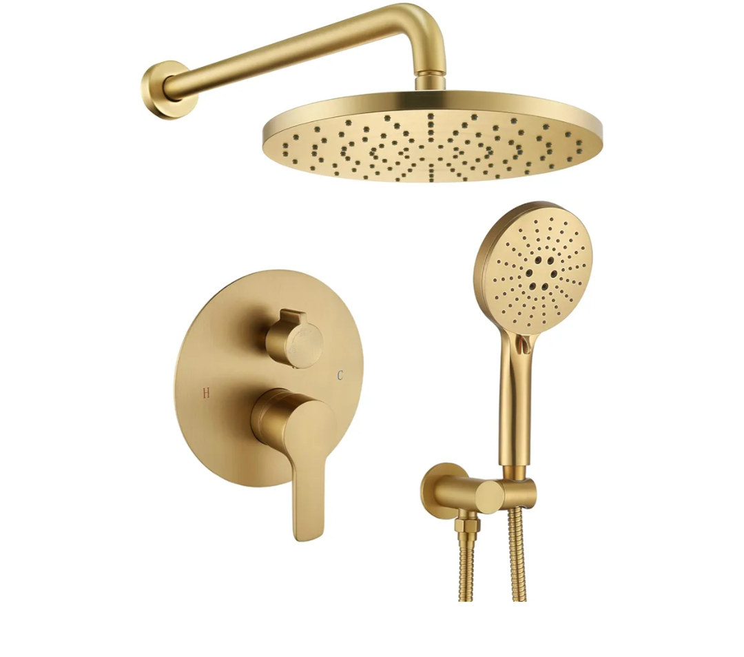 Iriber Shower System Wall Mounted Shower Faucet Mixer Set with Luxury High Pressure Shower head and 3-Setting Handheld, Bathroom Shower Trim Kit Contain Pressure Balance Valve, Brushed Gold