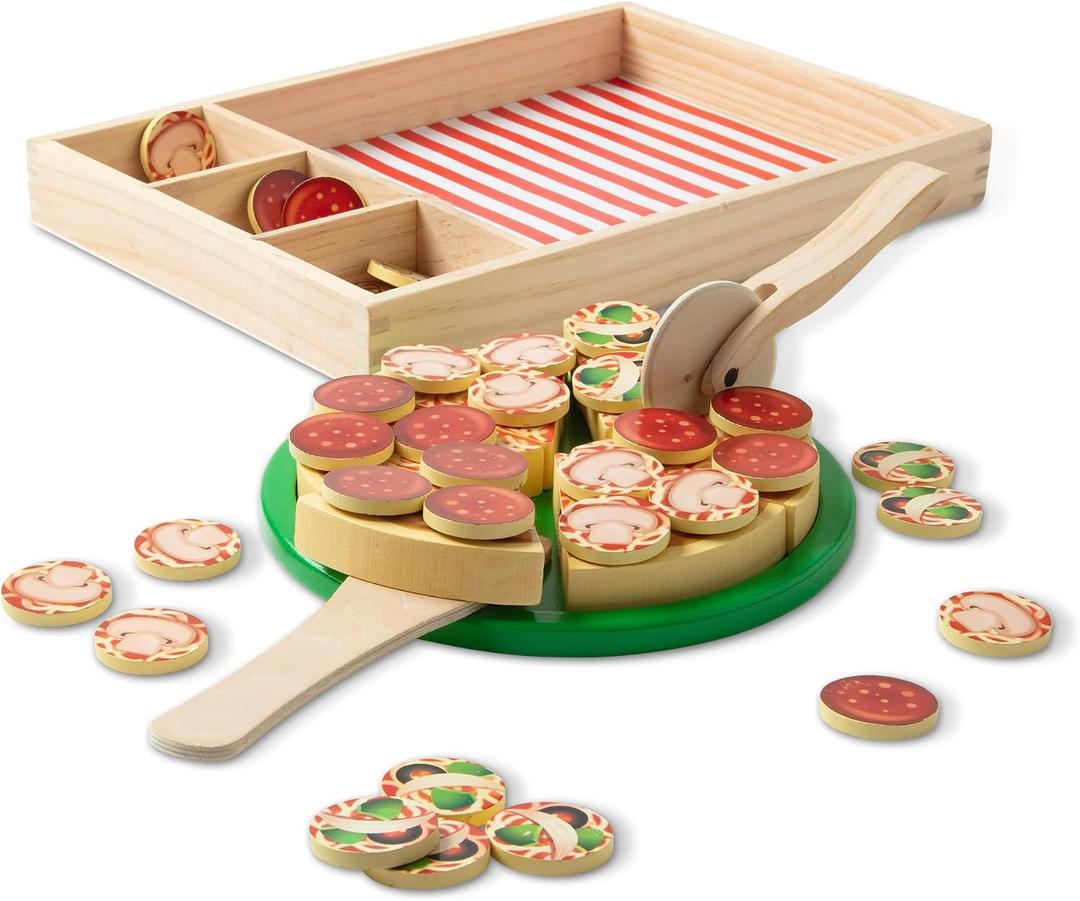 Melissa & Doug Wooden Pizza Party Play Set, 36 Self-Stick Toppings, Pizza Toy Kitchen Set & Play Kitchen Accessories, Preschool Toys for Boys & Girls 3+, 13.0 X 9.05 X 1.6