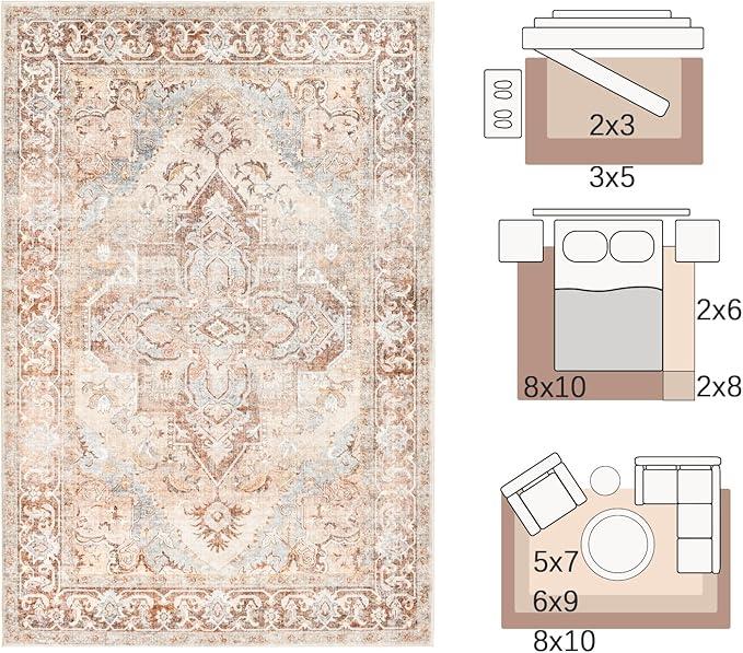 jinchan Area Rug 2x3 Washable Brick Red Boho Thin Floral Accent Rug Retro Small Indoor Door Mat Non Slip Carpet for Entryway Kitchen Living Room Bedroom Dining Room Laundry Bathroom (Rectangular)