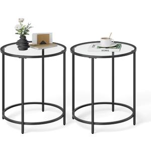 VASAGLE Round Side Tables, Set of 2, Glass End Tables with Metal Frame, Black Coffee Tables with Modern Style, for Living Room, Balcony, Bedroom, Black