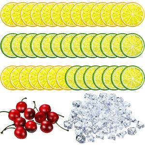 130 Pieces Lemon Slice Ice Cubes Set - 20 Simulation Lemon Slices, 100 Acrylic Ice Cubes, 10 Artificial Cherries for Wedding Kitchen Decoration