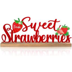 MiniInflat Fresh Sweet Strawberries Metal Sign Rustic Table Decor Summer Tiered Tray Decor with Wooden Base Freestanding Metal Word Sign for Home Tabletop Centerpiece Mantel Shelf Fireplace, 2 Packs