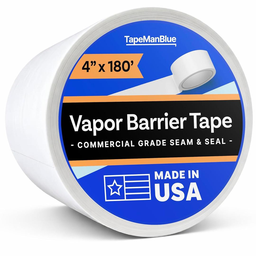 Vapor Barrier Tape - 4 inch x 180' Roll, Made in USA, White Polyethylene Tape for Crawl Spaces & Moisture Barriers, Waterproof Seal & Seam Tape for Underlayment, Insulation, and Plastic Liners