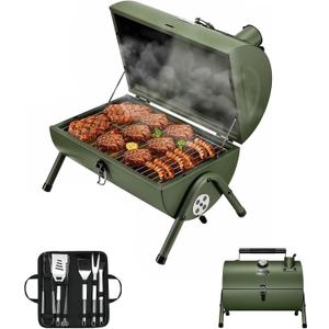 MAISON HUIS Small Charcoal Grill, Portable Tabletop BBQ Smoker for Outdoor Camping,Mini Grill with 9-Piece Stainless Steel Grill Tool Set for Tailgating Hiking Picnic (Green Kit)