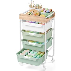 Rolling Craft Storage Cart with 4 Drawers,Utility Cart with Drawers,Art Craft Organizers and Storage,Kids Craft Cart,Kids Art Cart With DIY Lable and Wooden Tabletop Area,Green