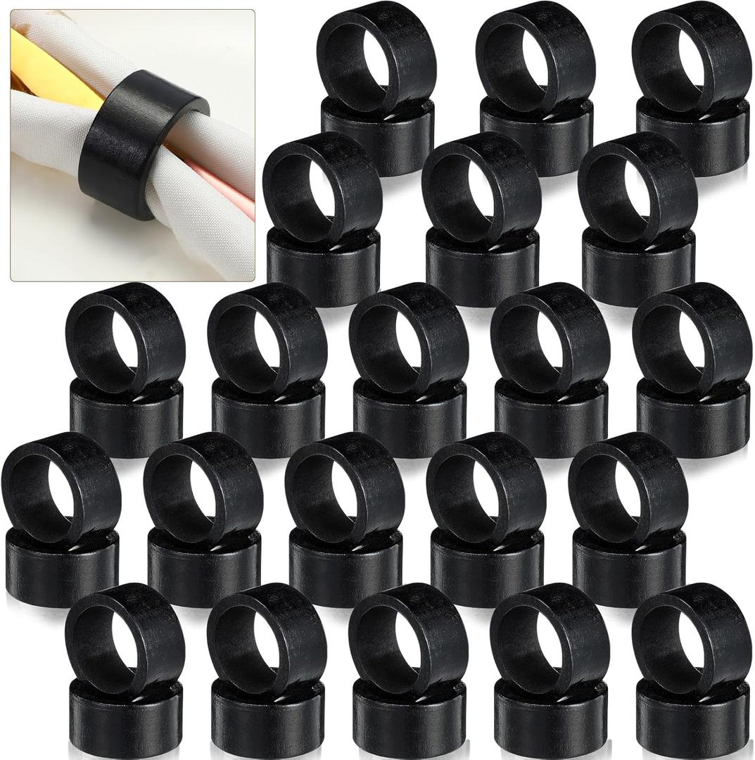 Zhehao 50 Pcs Wood Napkin Rings Bulk Acacia Handmade Dining Table Napkin Holder Buckles for Easter Spring Wedding Dinner Ramadan Harvest Holiday Table Decoration(Round,Black)