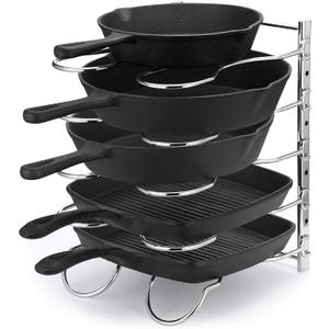 CAXXA Heavy Duty Pan Rack, Pot Lid Rack, Kitchen Cabinet Pantry Cookware Organizer Rack Holder with 5 Adjustable Dividers, Chrome