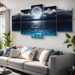 5 Parts Wall Art Moon Sea Ocean Landscape Picture Canvas Wall Art Print Paintings Modern Artwork for Living Room Wall Decor and Framed Ready to Hang Frame Waterproof (16x24inchx2,16x32inchx2,16x40x1)