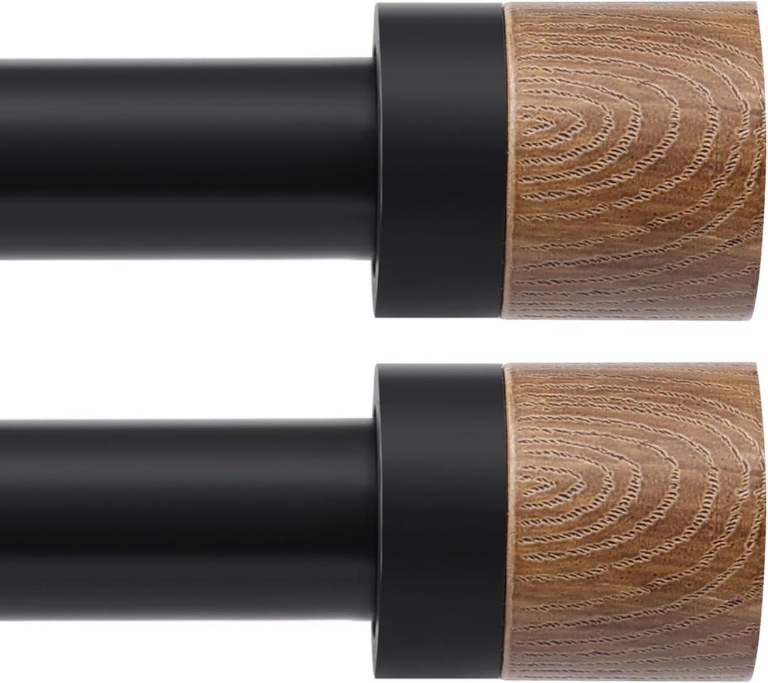 Wood Curtain Rods for Windows 32 to 45 Inches(2.6-3.75ft),1 inch Adjustable Window Curtain Rods with Imitation Wood Grain Finials,Heavy Duty Decorative Drapery Rod for Bedroom,Kitchen and patio 2 Pack (Black)