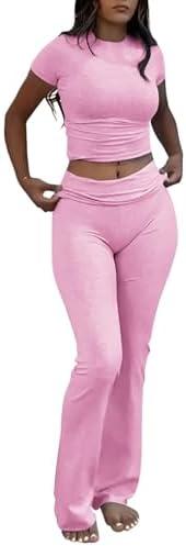 ZFLM Casual Workout Two Piece Outfits for Women Short Sleeve Crop High Waist Foldover Flare Pants Tracksuit Sets Streetwear XL