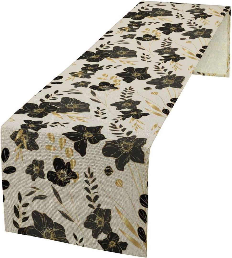 Black Gold Floral Table Runner, Mordern Minimalist Luxury Golden Floral Leaves Print Table Runner for Indoor Outdoor Home Decor Party Decor, 13x36inch