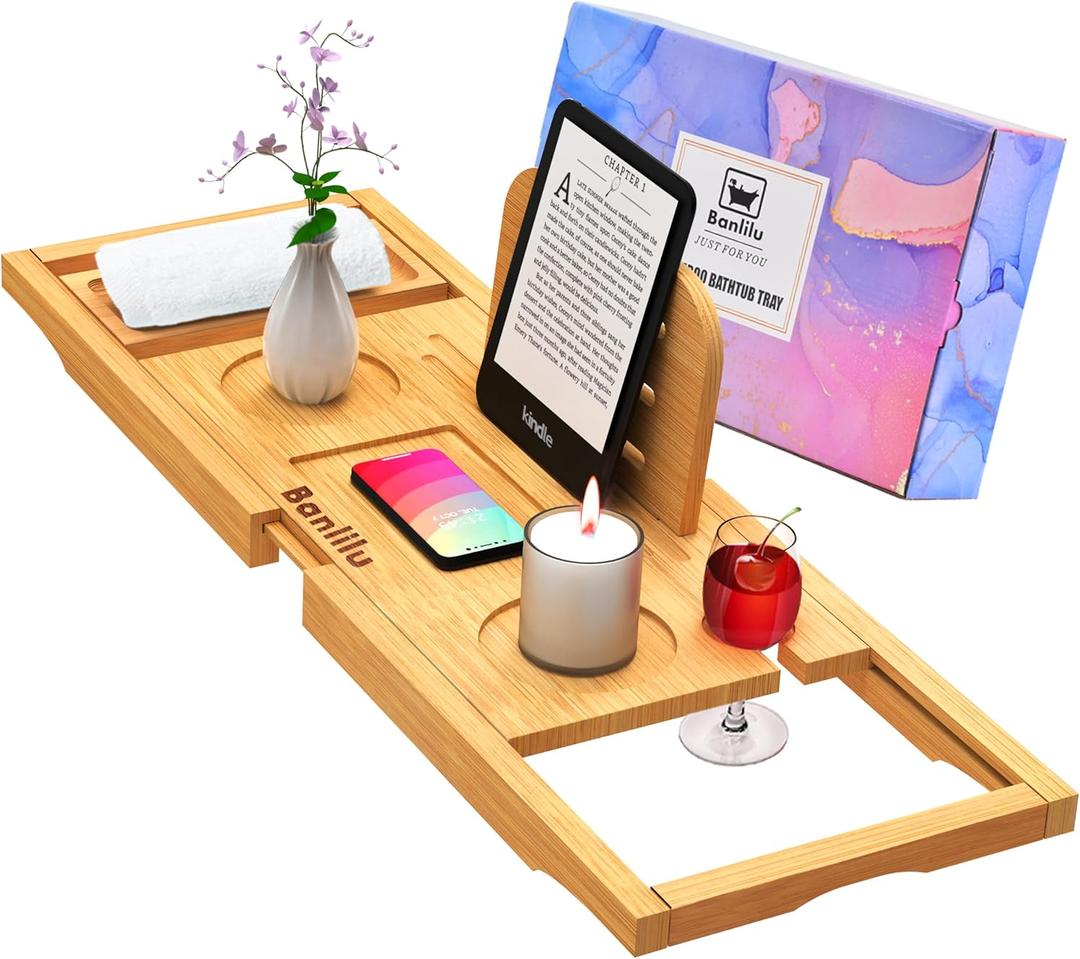 Bathtub Tray - Bath Tray Expandable - Bath Tub Tray Table for Bathtub, Ajustable Size, Fits Most Tubs (Natural Bamboo Wood)