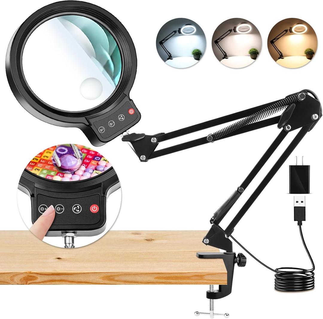 10X 30X Large Magnifying Glass with Light and Clamp,Clip on Lighted Magnifier,72 LED Stepless Dimmable Desk Magnifying Lamp Hands Free for Crafts Hobby Reading Painting Sewing Close Work