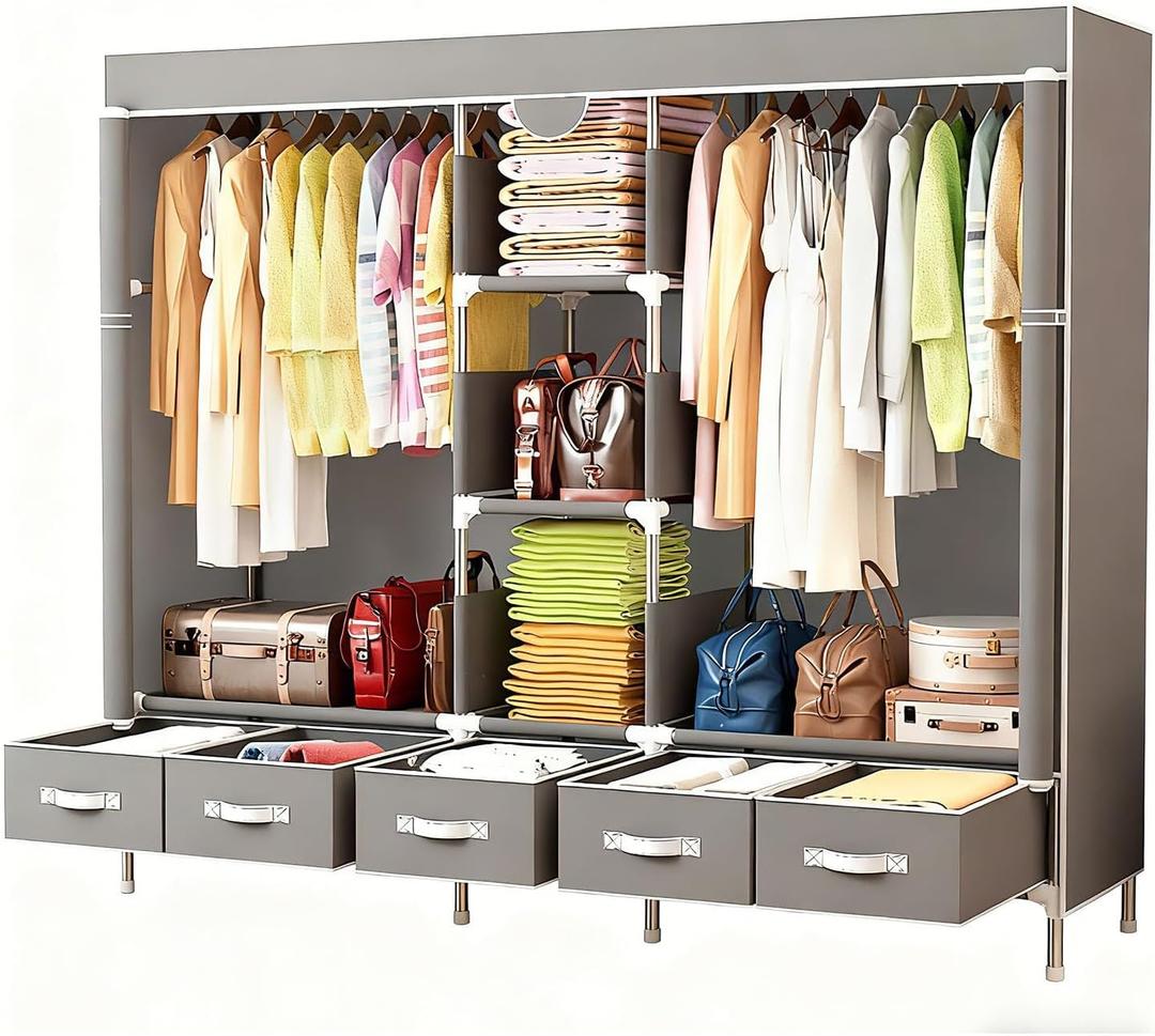 Portable Fabric Closet with 5 Drawers, 72.8x17.7x67.7 Inch Sturdy Clothing Storage Organizer with Hanging Rod, Non-Woven Wardrobe for Bedroom Dorm Apartment (Gray)
