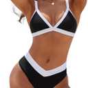 Blooming Jelly Womens Sexy Bikini Triangle Two Piece Swimsuit Color Block High Cut Bathing Suits (Large, Black)