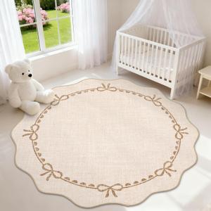 GarveeHome Scalloped Bow Rug for Living Room, 5ft Round Rugs Washable Solid Beige Rug for Dorm Soft Low Pile Non Slip Scalloped Rugs for Nursery Bedroom Decor Hallway Kids Room Playroom