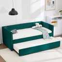 Twin Size Velvet Daybed with Pop-up Trundle & USB Ports for Bedroom Guest Room, Diamond Grid Tufted Design Sofabed Frame with Storage Bags and Metal Legs, Space-Saving & No Box Spring Needed, Emerald