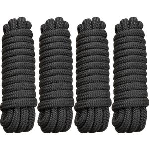 4 Pack 5/8" x 20' Dock Lines - Marine Grade Nylon Boat Rope with 15" Loop for Docking and Mooring - Double Braided Boat Lines, High Strength, Easy Handling, Fray Resistant - Black