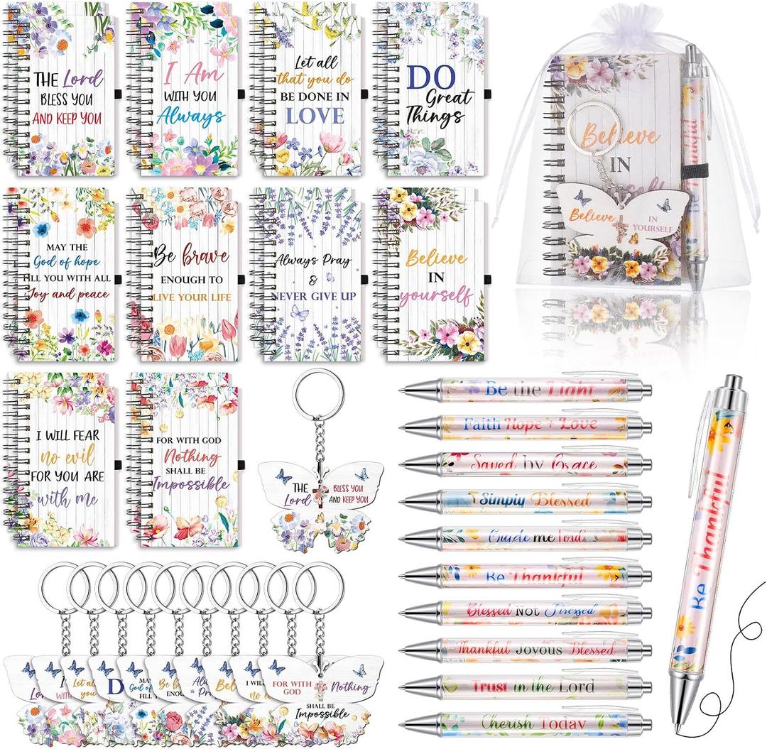 Dispowreath 80 Pcs Christian Gifts Bulk for Women Mother's Day Bible Verse Notebooks Ballpoint Pens Keychains with Organza Bags Inspirational Religious Scripture Gifts for Church Prayers Party Favors