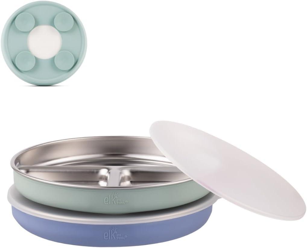 Elk and Friends Stainless Steel Divided Plates with Silicone Sleeve for Babies & Toddlers | Lids Included | Stay Put Suction | Dinner & Snack Plates | 2 Pack (Sage/Misty Blue)