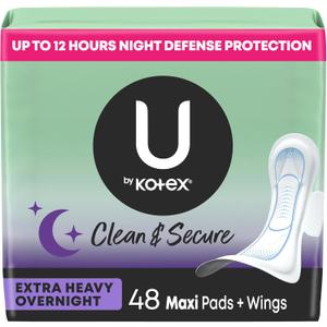 U by Kotex Clean & Secure Overnight Maxi Pads with Wings, Extra Heavy Absorbency, 48 Count (2 Packs of 24)