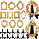 Remerry 10 Pcs Vintage Picture Frame Antique Mini Frame Small Photo Display Miniature Tiny Resin Jewelry Display 4 Inch Black Plastic Stand for Home Wedding(Gold)