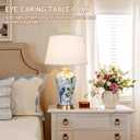 White Flower & Bird Ceramic Table Lamp,Hand-Painted Chinoiserie Lamp, Fabric Lampshade Nightstand Lamp for Bedroom Living Room Office College Bookcase
