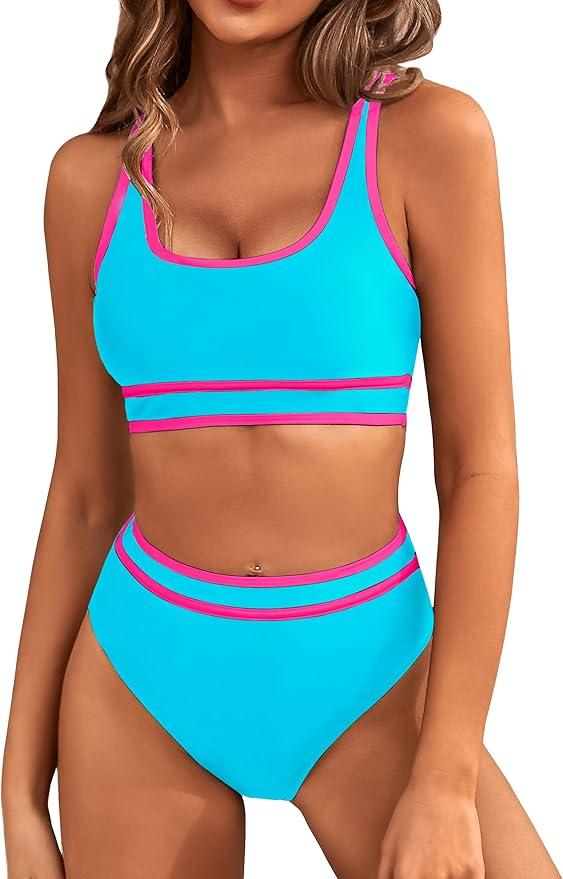 BMJL Women's High Waisted Bikini Sets Sporty Two Piece Swimsuits Color Block Cheeky High Cut Bathing Suits (Medium)