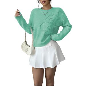 RoseSeek Women's 3D Floral Appliques Crewneck Sweaters Long Sleeve Drop Shoulder Pullovers Elegant Knit Tops (Green) XXS