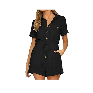 RKSTN Summer Jumpsuits for Women Shorts Overalls Formal Solid Shirt Button V-Neck Short Sleeved Casual Rompers with Pockets Size M