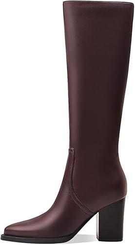 Womens Knee High Boots Retro Chunky Heel Pointed Toe Pull On Classic Knee High Boots for Women Girls Ladies Retro Tall Boot Winter Fall Fashion Boot Size 6, Burgundy Red