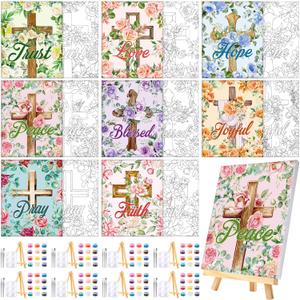 Humyoun 8 Sets 8" x 10" Inspirational Cross Pre Drawn Canvas to Paint for Sip and Paint Party Religious Predrawn Coloring Set Pre Sketched Canvas Boards with Paints and Brushes for Adult