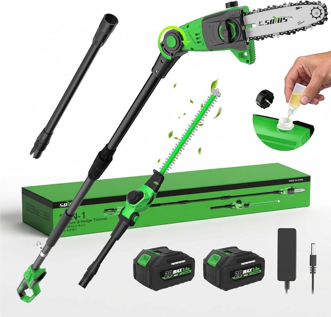 SOYUS 2-in-1 Pole Saw 8-Inch Cordless and 18-Inch Pole Hedge Trimmer, Pole Saw for Tree Trimming with 2x 3.0Ah Battery & Charger, 15-Foot Max Reach Pole Chainsaw with Multi-Angle, Auto Oiling