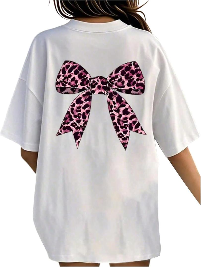 RoseSeek Girl's Leopard Bow Graphic Tees Preppy Baggy T Shirt Summer Tops | Short Sleeve, Loose Fit, Aesthetic Streetwear Vintage, Cute Clothes for Girls Size 10-12