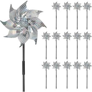 15 Pack Reflective Pinwheels with Stakes, 18.5" Plastic Bird Blinder Sparkly Pin Wheel Scare Birds and Animals Away Spinner Pinwheels for Lawn Yard Garden Farm