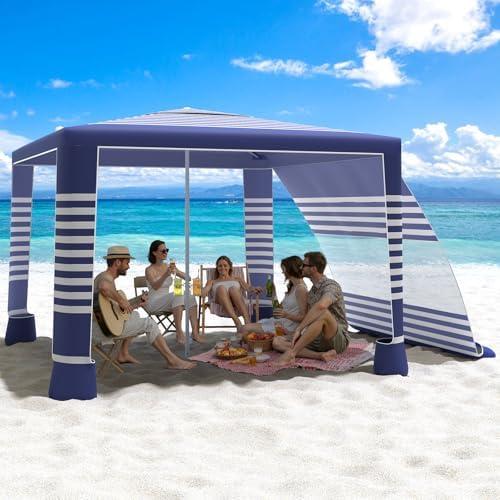 MoKo Large Beach Cabana with Side Wall, UPF 50+ Protection Easy Setup Beach Tent, Sun Shelter, Adjustable Height Wind Resistant Cabana for Whole Family, Navy Stripes, 8'×8'
