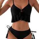 ZAFUL Women Tankini Set, Ribbed High Cut Surplice Swimsuit Bathing Suit with Spaghetti Straps (Medium, 15-black)