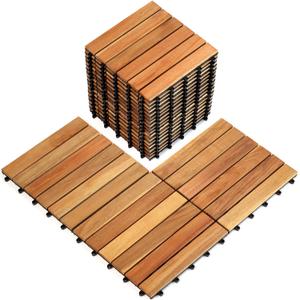 Pack of 20 Deck Tiles, Solid Acacia Wood Floor Tiles, Patio Tiles Outdoor Interlocking Waterproof All Weather (12" x 12" - 6 Slat, Golden Teak, 20)