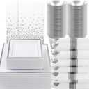 Goodluck 352 Pieces Silver Dinnerware Set for 50 Guests, Square Plastic Plates with Silver Trim, Include: 100 Plastic Plates, 50 Rolled Napkins, 50 Cups, 50 Cutlery Set and 2 Tablecloth