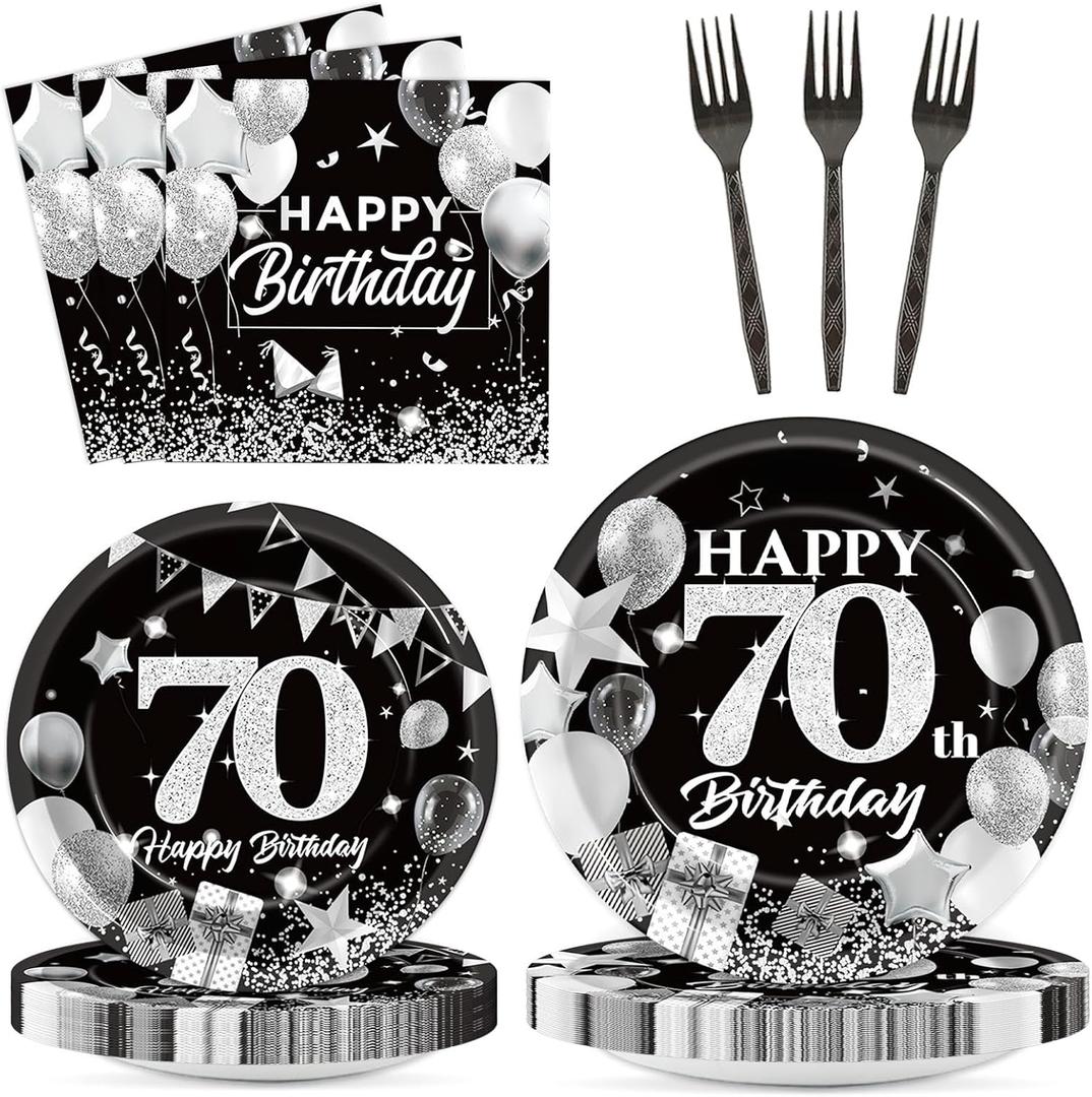 OBUSATT 96PCS 70th Birthday Party Supplies - Black & White Silver 70th Happy Birthday Paper Plates, Napkins, Decorations, Dinnerware, Party Favors, Serves 24