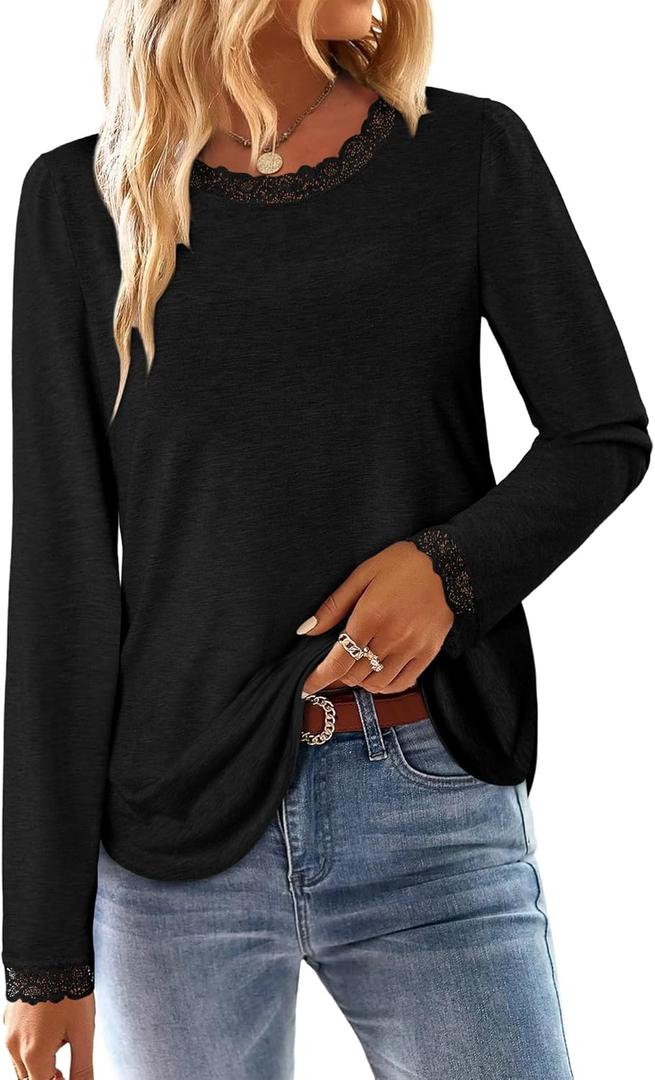 CRAZY GRID Womens Long Sleeve Shirts Casual Tops Lace Neckline Fall Fashion Clothes Winter Outfits Basic Tunic 2026 (Black, M)