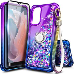 Compatible with Motorola Moto G-Play-2024 Case, Purple/Blue | Glitter Bling Sparkly Floating Liquid Cute Phone Cover with Tempered Glass Screen Protector/Ring Holder/Diamond Wrist Strap Lanyard