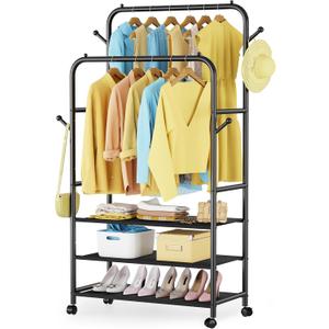Furologee Clothes Racks for Hanging Clothes, Double Rods Clothing Rack with 3-Tier Storage Shelves, Rolling Garment Wardrobe with Wheels, Portable Free Standing Closet for Bedroom, Laundry Room, Black
